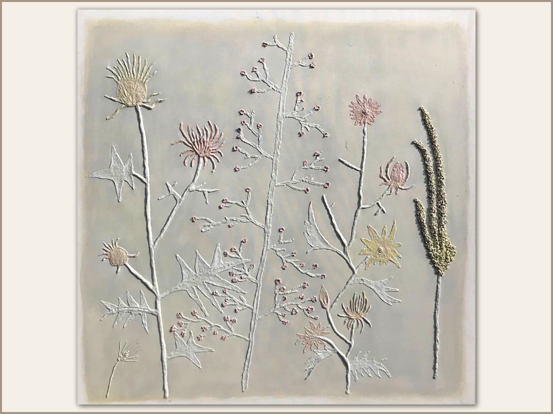 Fiori, Olio su tela e carta pesta, 100x100 cm, 2020